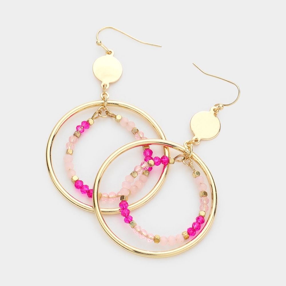 Pink Beaded Faceted Drop Hoop Dangle Earrings Fashion Statement Accessories